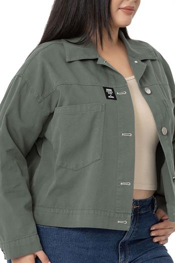 Plus Size Double Pocket Gabardine Short Khaki Jacket