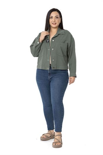Plus Size Double Pocket Gabardine Short Khaki Jacket