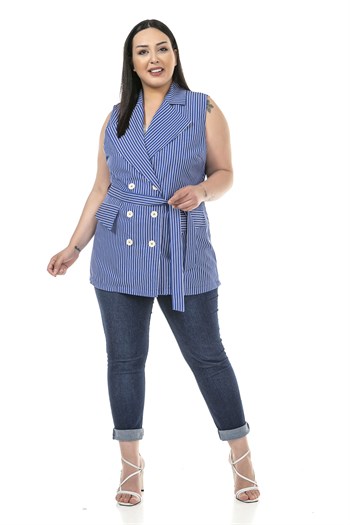Plus Size Striped Double Breasted Navy Blue Vest with Covered Pockets