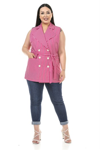Plus Size Striped Double Breasted Fuchsia Vest with Covered Pockets