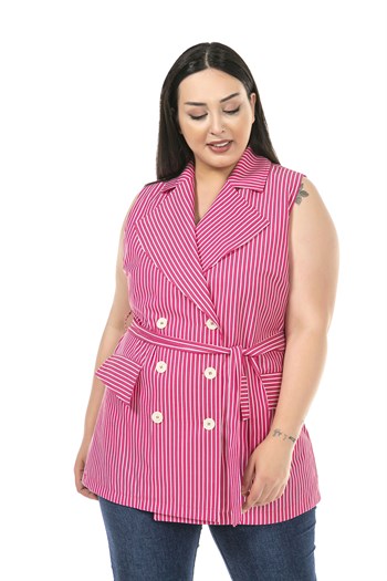 Plus Size Striped Double Breasted Fuchsia Vest with Covered Pockets