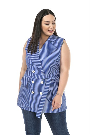 Plus Size Striped Double Breasted Navy Blue Vest with Covered Pockets