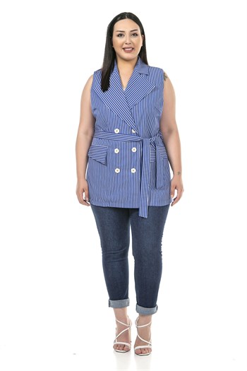Plus Size Striped Double Breasted Navy Blue Vest with Covered Pockets