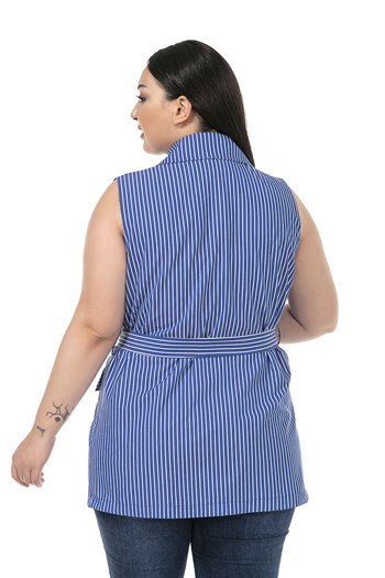 Plus Size Striped Double Breasted Navy Blue Vest with Covered Pockets