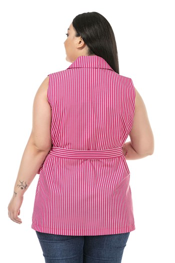 Plus Size Striped Double Breasted Fuchsia Vest with Covered Pockets