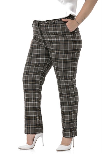 Büyük Beden Dar Paça Cepli Siyah Hardal Ekose Pantolon