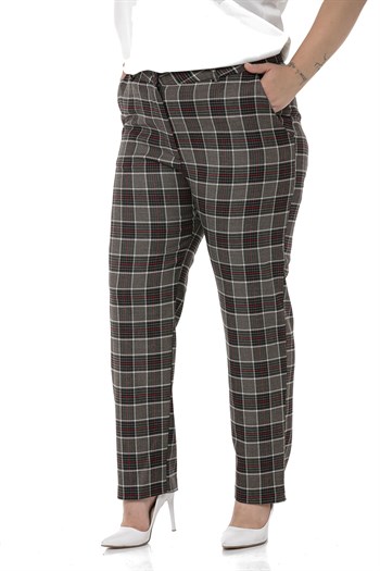 Büyük Beden Dar Paça Cepli Siyah Kırmızı Ekose Pantolon