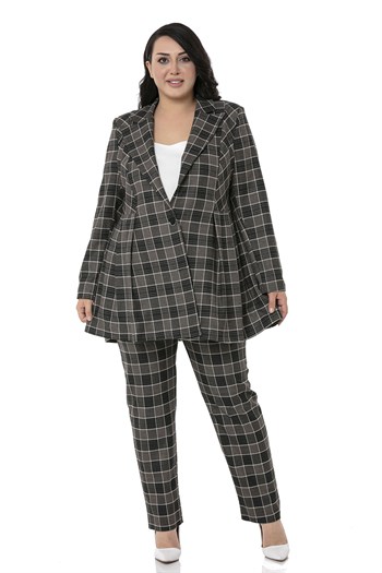 Büyük Beden Dar Paça Cepli Siyah Zümrüt Ekose Pantolon