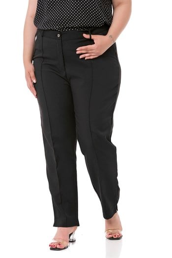 Plus Size Skinny Leg Ribbed Stitched Black Trousers with Slits and Zippers