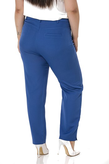 Plus Size Skinny Leg Ribbed Stitched İndigo Trousers with Slits and Zippers