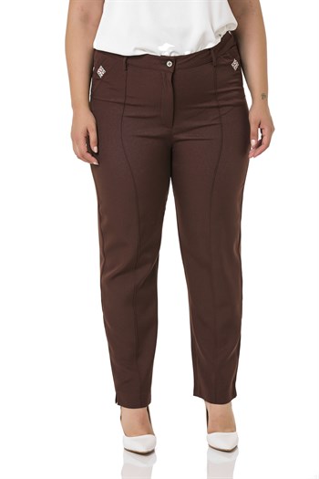 Plus Size Skinny Leg Ribbed Stitched Brown Trousers with Slits and Zippers