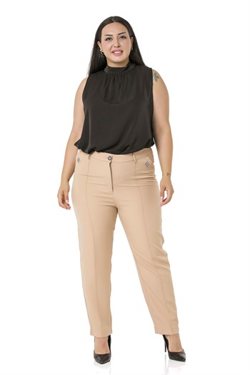 Plus Size Skinny Leg Ribbed Stitched Offwhite Trousers with Slits and Zippers