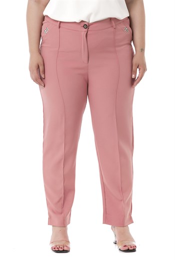 Plus Size Skinny Leg Ribbed Stitched Pink Trousers with Slits and Zippers