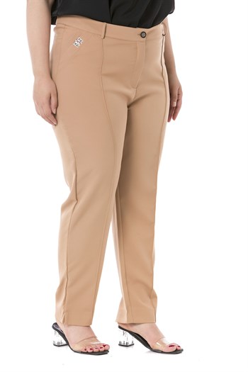 Plus Size Skinny Leg Ribbed Stitched Camel Trousers with Slits and Zippers