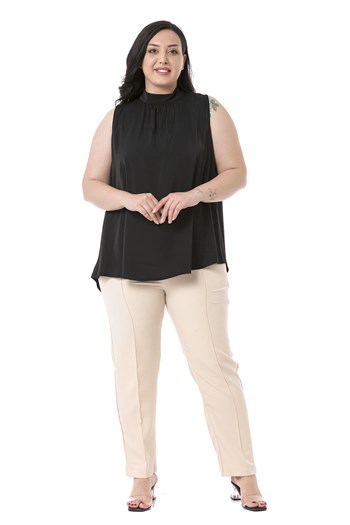 Plus Size Skinny Leg Ribbed Stitched Beige Trousers with Slits and Zippers