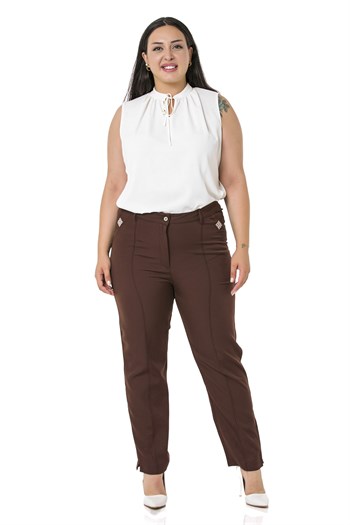 Plus Size Skinny Leg Ribbed Stitched Brown Trousers with Slits and Zippers