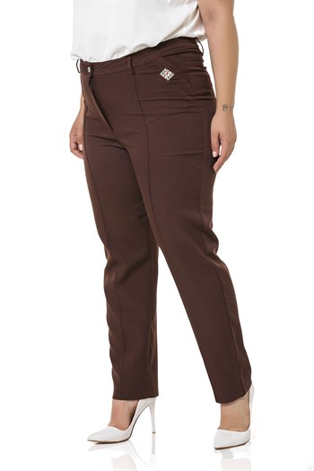 Plus Size Skinny Leg Ribbed Stitched Brown Trousers with Slits and Zippers