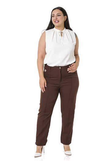 Plus Size Skinny Leg Ribbed Stitched Brown Trousers with Slits and Zippers