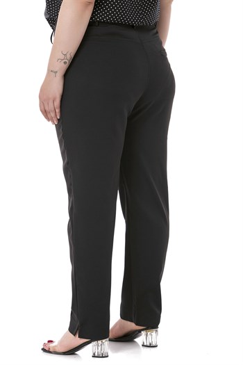 Plus Size Skinny Leg Ribbed Stitched Black Trousers with Slits and Zippers