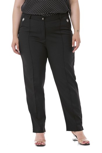 Plus Size Skinny Leg Ribbed Stitched Black Trousers with Slits and Zippers