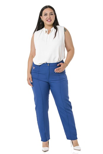 Plus Size Skinny Leg Ribbed Stitched İndigo Trousers with Slits and Zippers