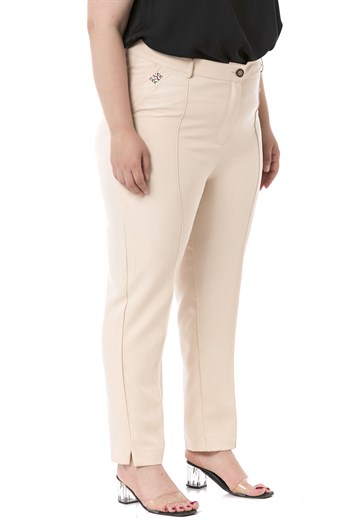 Plus Size Skinny Leg Ribbed Stitched Beige Trousers with Slits and Zippers