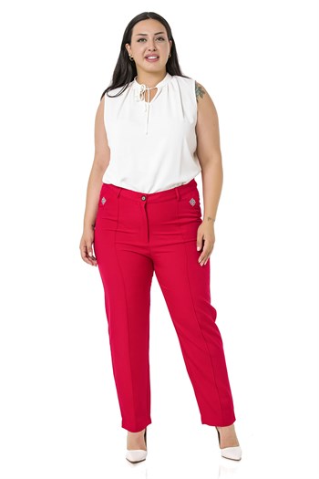 Plus Size Skinny Leg Ribbed Stitched Red Trousers with Slits and Zippers