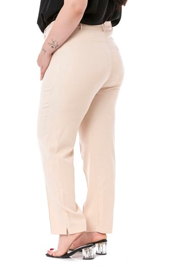 Plus Size Skinny Leg Ribbed Stitched Beige Trousers with Slits and Zippers