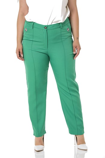 Plus Size Skinny Leg Ribbed Stitched Green Trousers with Slits and Zippers