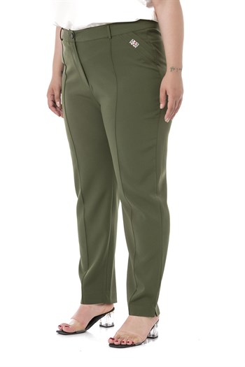 Plus Size Skinny Leg Ribbed Stitched Khaki Trousers with Slits and Zippers