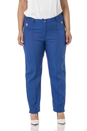 Plus Size Skinny Leg Ribbed Stitched İndigo Trousers with Slits and Zippers