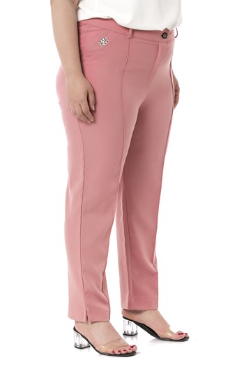Plus Size Skinny Leg Ribbed Stitched Pink Trousers with Slits and Zippers