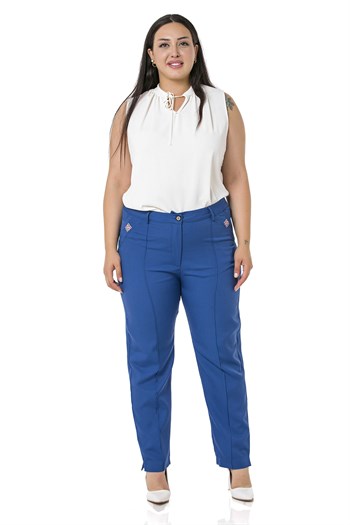 Plus Size Skinny Leg Ribbed Stitched İndigo Trousers with Slits and Zippers