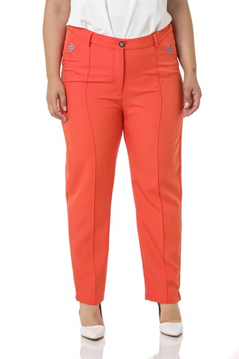 Plus Size Skinny Leg Ribbed Stitched Orange Trousers with Slits and Zippers