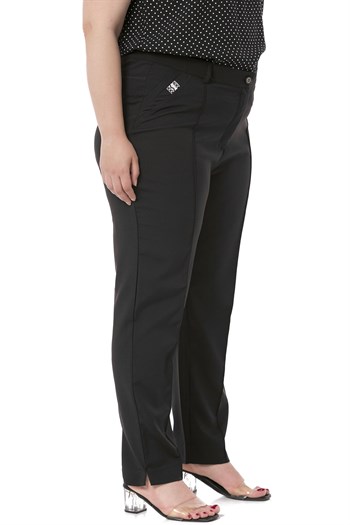 Plus Size Skinny Leg Ribbed Stitched Black Trousers with Slits and Zippers