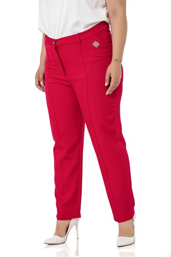 Plus Size Skinny Leg Ribbed Stitched Red Trousers with Slits and Zippers
