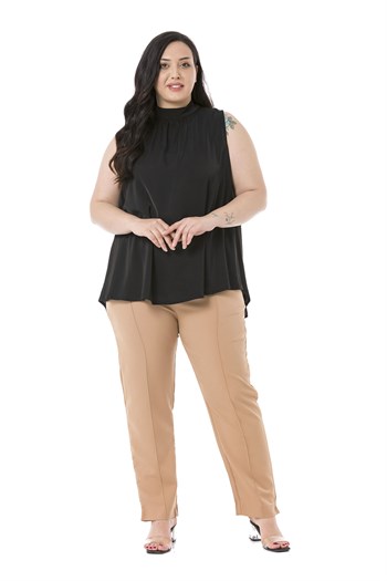 Plus Size Skinny Leg Ribbed Stitched Camel Trousers with Slits and Zippers