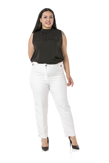 Plus Size Skinny Leg Ribbed Stitched White Trousers with Slits and Zippers