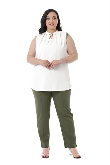 Plus Size Skinny Leg Ribbed Stitched Khaki Trousers with Slits and Zippers