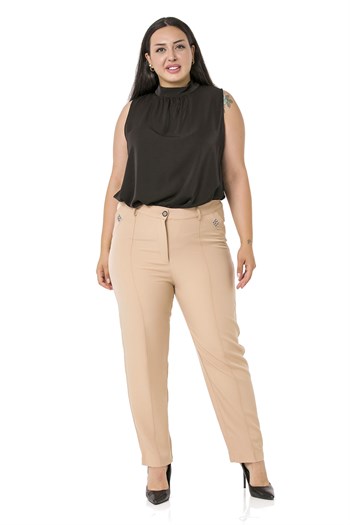 Plus Size Skinny Leg Ribbed Stitched Offwhite Trousers with Slits and Zippers