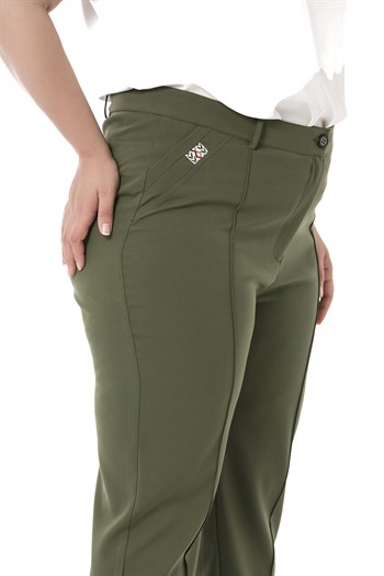 Plus Size Skinny Leg Ribbed Stitched Khaki Trousers with Slits and Zippers