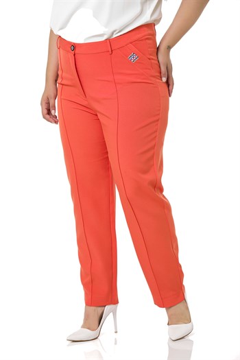 Plus Size Skinny Leg Ribbed Stitched Orange Trousers with Slits and Zippers