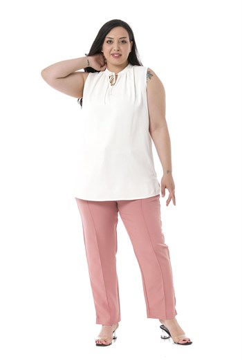 Plus Size Skinny Leg Ribbed Stitched Pink Trousers with Slits and Zippers