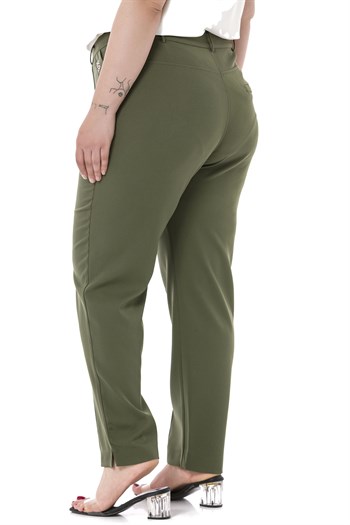 Plus Size Skinny Leg Ribbed Stitched Khaki Trousers with Slits and Zippers