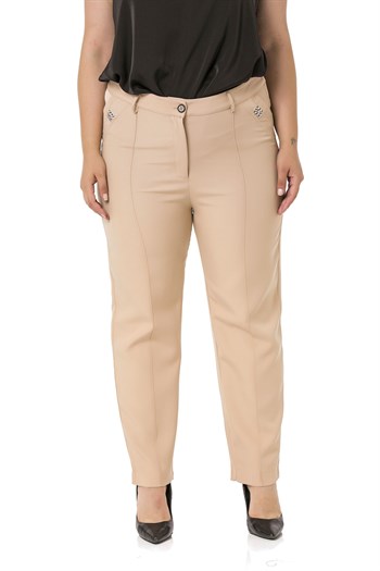 Plus Size Skinny Leg Ribbed Stitched Offwhite Trousers with Slits and Zippers