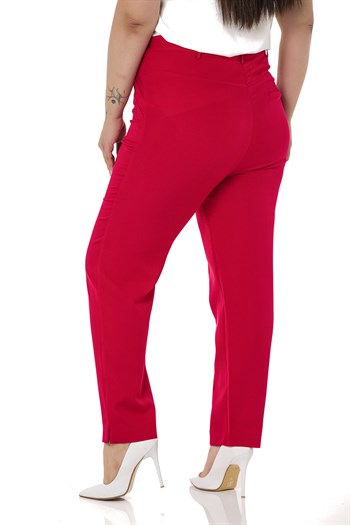 Plus Size Skinny Leg Ribbed Stitched Red Trousers with Slits and Zippers