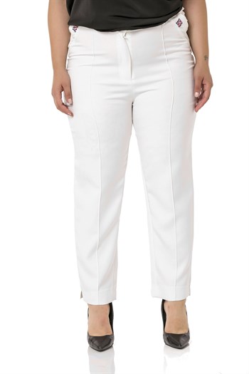 Plus Size Skinny Leg Ribbed Stitched White Trousers with Slits and Zippers