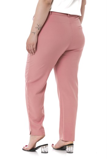 Plus Size Skinny Leg Ribbed Stitched Pink Trousers with Slits and Zippers
