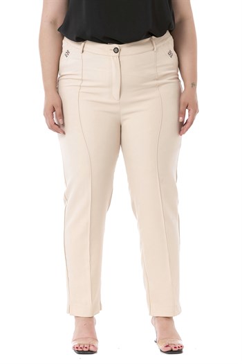 Plus Size Skinny Leg Ribbed Stitched Beige Trousers with Slits and Zippers