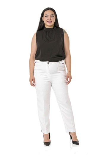 Plus Size Skinny Leg Ribbed Stitched White Trousers with Slits and Zippers